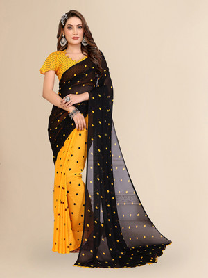 Anand Sarees Polka Print Daily Wear Georgette Saree(Yellow, Black)