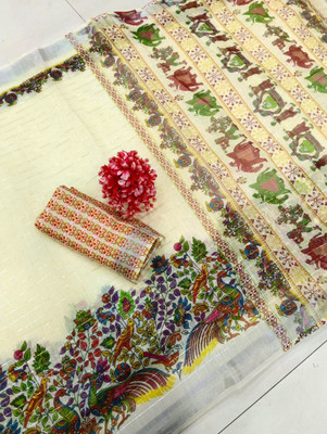 Saaransh Floral Print Kanjivaram Linen, Cotton Silk Saree(Cream)