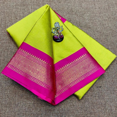 NST5 Printed Paithani Cotton Silk Saree(Light Green, Pink)