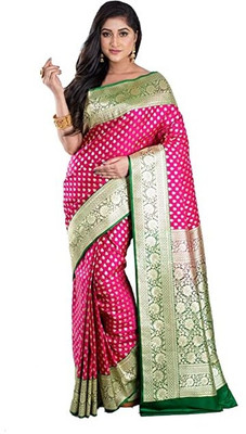 BongSaree Printed Banarasi Handloom Pure Silk Saree(Pink)
