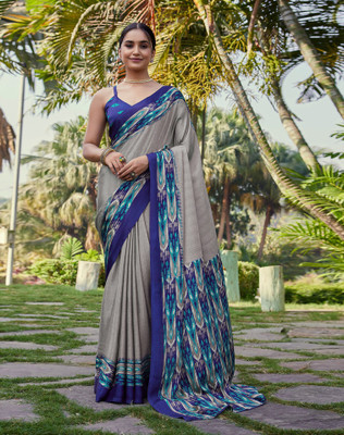 SIRIL Printed Daily Wear Silk Blend Saree(Grey, Blue, Multicolor)