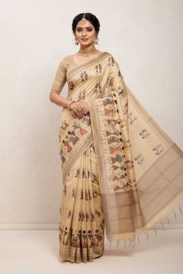 K 5 FASHION Digital Print Bollywood Cotton Silk Saree(Cream)