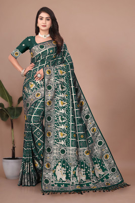 Bindi Woven Banarasi Nylon Saree(Dark Green)