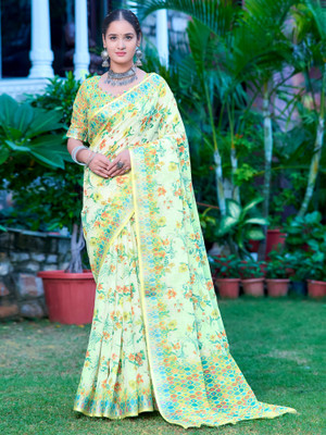 Anouk Rustic Digital Print Chinnalapattu Cotton Linen Saree(Light Green)