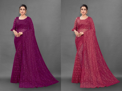 Fashion Field Self Design Bollywood Net Saree(Pack of 2, Purple, Maroon)