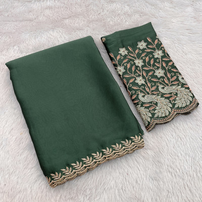 KONICA FAB Embellished Kalamkari Chiffon Saree(Light Green)