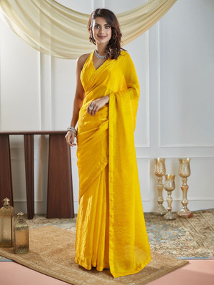 M.S.RETAIL Solid/Plain Bollywood Viscose Rayon Saree(Yellow)