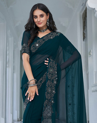 Samah Dyed, Embellished Bollywood Chiffon, Georgette Saree(Blue, Silver)