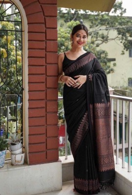 NG Exports Woven Handloom Cotton Silk Saree(Black)