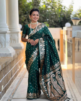 ROYAL JUNCTIONWEAR Woven, Floral Print, Paisley, Self Design Banarasi Art Silk Saree(Green)