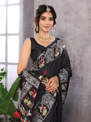 YASHIKA Printed Kalamkari Art Silk Saree(Black)