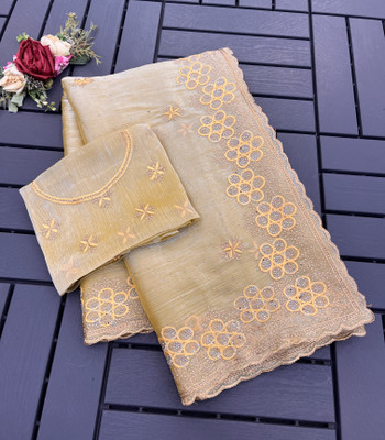 Mikhushop Embroidered Bollywood Jimmy choo Saree(Beige)
