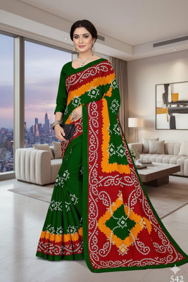 HeritageHub Printed Bandhani Pure Cotton Saree(Dark Green, Red)
