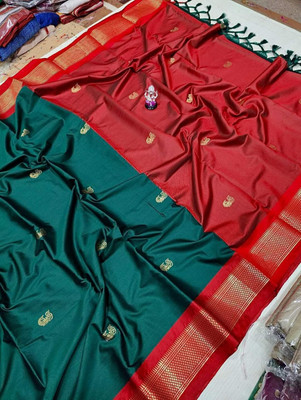 ns collection Solid/Plain Kanjivaram Cotton Silk Saree(Dark Green)