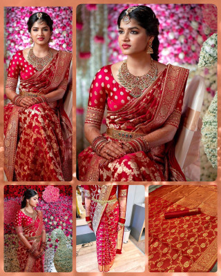 PRANJAL ART Printed Ikkat Jacquard, Art Silk Saree(Red)