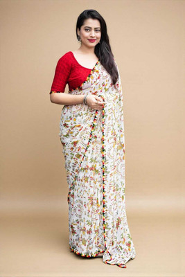 HouseOfCommon Printed Bollywood Georgette Saree(White)