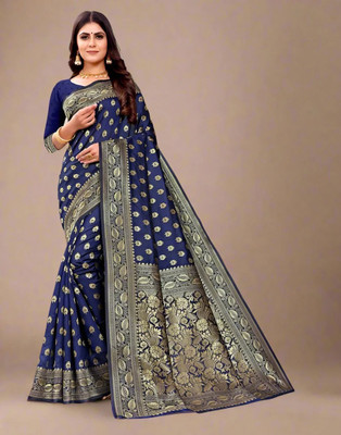 The Style Sanctuary Woven Banarasi Silk Blend Saree(Dark Green)