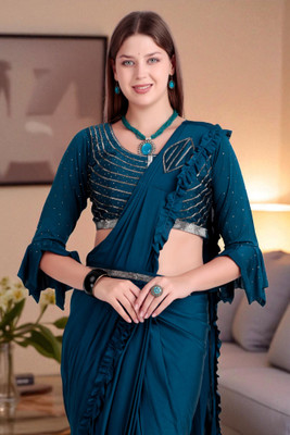 WANQUILA Self Design Saree with Attached Blouse Lycra Blend Saree(Blue)