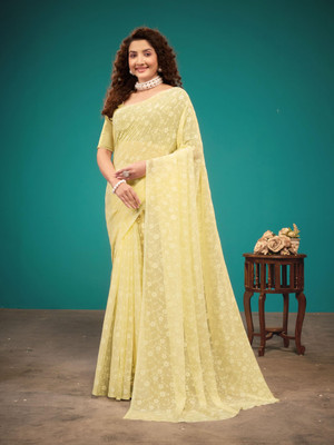 GARDEN VARELI Floral Print Bollywood Brasso Saree(Yellow)