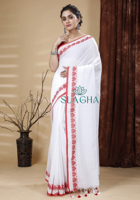 GOLU Woven Handloom Handloom Cotton Blend Saree(White)