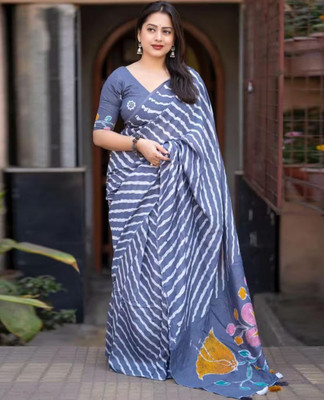 Shoploom Blocked Printed, Striped Bollywood Cotton Linen, Cotton Silk Saree(Grey)