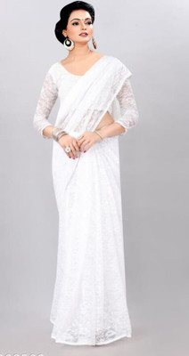 Fashion Nexa Solid/Plain Bollywood Brasso Saree(White)