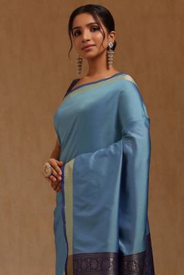 soch Solid/Plain Saree with Attached Blouse Silk Blend Saree(Blue)