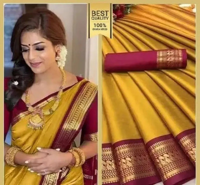 KRESVA Temple Border Maheshwari Cotton Silk Saree(Mustard, Red)