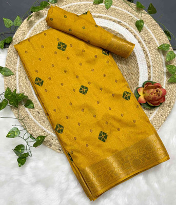 RegalDrapes Printed Ikkat Jacquard, Silk Blend Saree(Yellow)