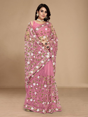 VRLOOKMEFASHION Embroidered Bollywood Net Saree(Pink)