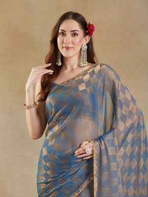 Online Bazaaar Embellished Bollywood Chiffon Saree(Dark Blue)