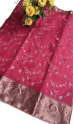 MINE CHOICE Embroidered, Woven Banarasi Silk Blend, Organza Saree(Beige)