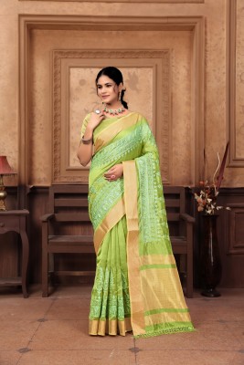 ALAGINI Embroidered Lucknow Chikankari Cotton Blend Saree(Green)