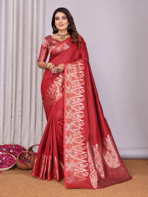 Elora Solid/Plain, Printed Banarasi Silk Blend Saree(Red)
