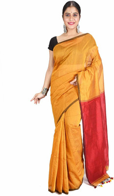 Desh Bidesh Color Block, Solid/Plain, Self Design, Woven Handloom Handloom Cotton Blend, Cotton Silk Saree(Mustard)