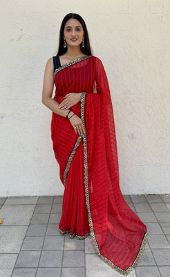 KV Fashion Striped Bollywood Chiffon Saree(Red)