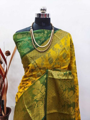 MAANVIT Woven Kanjivaram Pure Silk, Organza Saree(Yellow)