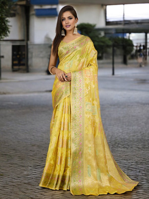 Divastri Woven Banarasi Organza Saree(Yellow)