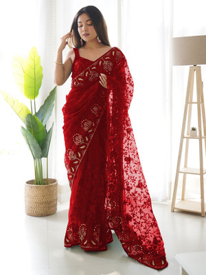 Tasrika Embellished Bollywood Net Saree(Red)