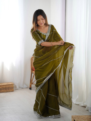 Sajavat Embroidered, Embellished, Woven Bollywood Jimmy choo Saree(Green)
