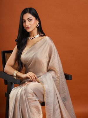 dharmkunj Solid/Plain Bollywood Chiffon Saree(Cream)
