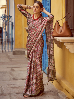Sareemall Printed Daily Wear Crepe Saree(Brown)