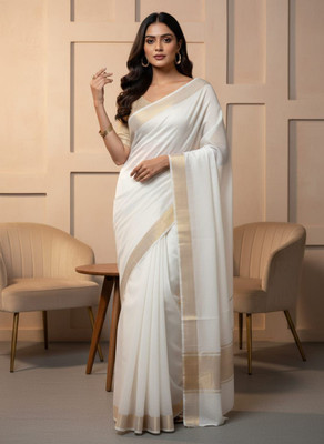 Montauk Fabians Solid/Plain Banarasi Viscose Rayon Saree(White)