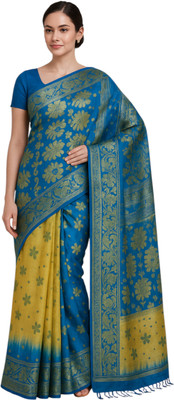 Pradip Fabrics Printed Tant Silk Blend Saree(Light Blue, Cream)