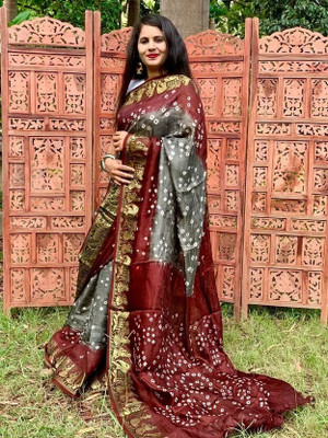rajranitextiles Printed Bandhani Georgette Saree(Grey, Red)