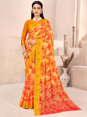 Divastri Printed Daily Wear Chiffon Saree(Yellow, Orange)
