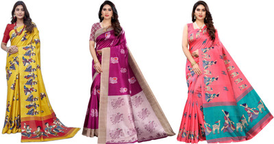 YASHIKA Printed Daily Wear Art Silk Saree(Pack of 3, Yellow, Purple, Pink)