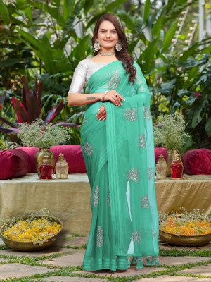 Bansidhar Fabrics Embroidered Daily Wear Chiffon Saree(Light Blue)