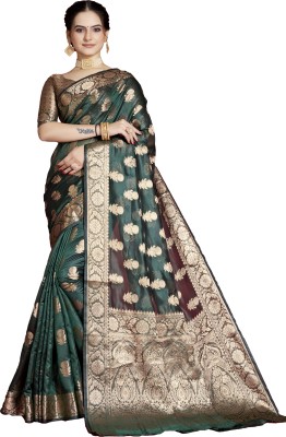 SHRIMAY Woven Bollywood Organza, Net Saree(Dark Green)