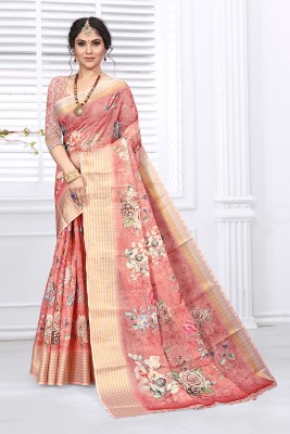 Pisara Floral Print, Digital Print, Printed Bollywood Cotton Silk Saree(Orange)